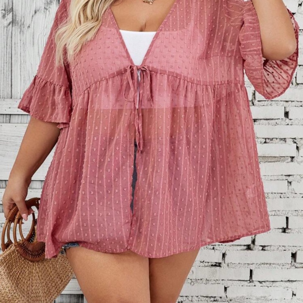 Sheer Pink Blouse with Tie Front